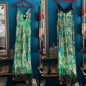 Fashion Nova green blue and gold sequin gown, mermaid vibes 🧜🏽‍♀️